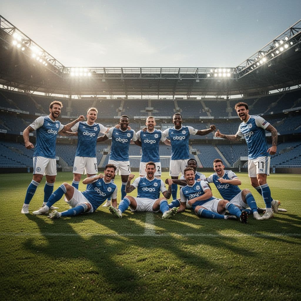 Players in blue and white jerseys celebrate a match win on a professional grass football field.