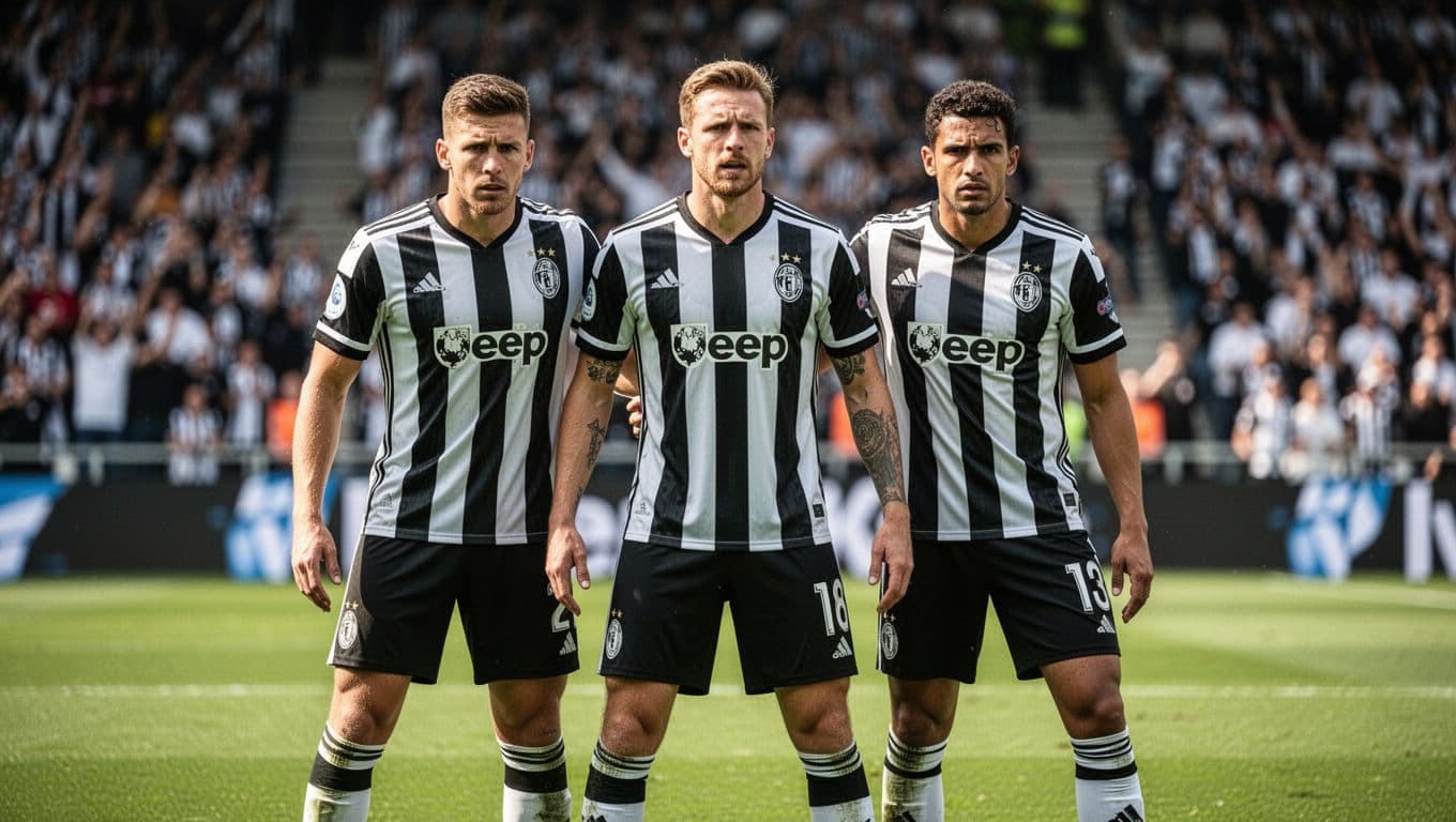 Three Botafogo defenders in black-and-white jerseys form a wall blocking a shot on green pitch.