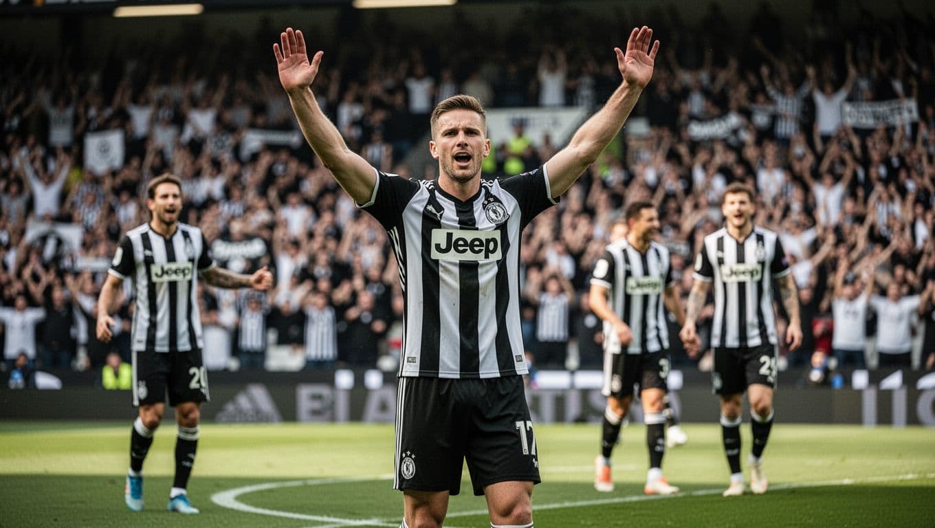 Botafogo player in black-white jersey raises arms celebrating goal on pitch at Estadio Nilton Santos, blurred teammates behind, excited crowd.