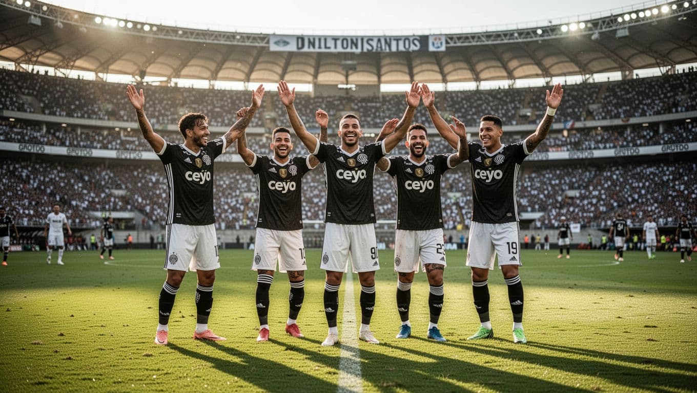 Eleven Botafogo RJ players in black-and-white jerseys celebrate a goal on the field at Estádio Nilton Santos with crowd in background.