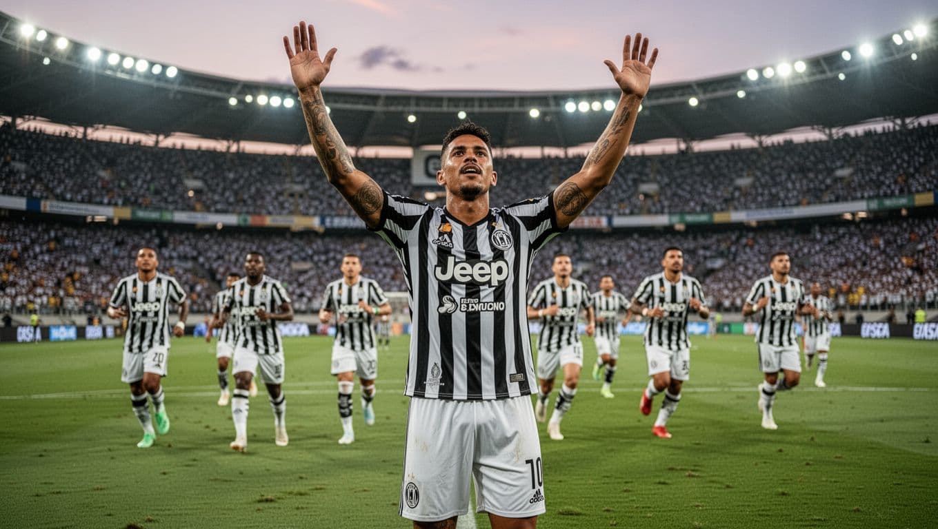 Botafogo player in black-and-white striped jersey raises arms triumphantly on green pitch, blurred teammates and excited fans behind at dusk.