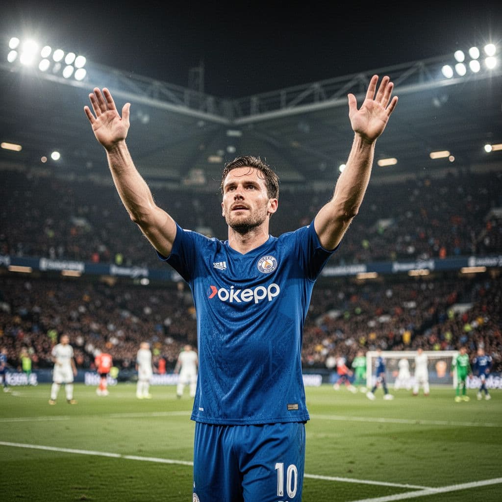 A player in a blue jersey celebrates scoring a goal under bright stadium floodlights.