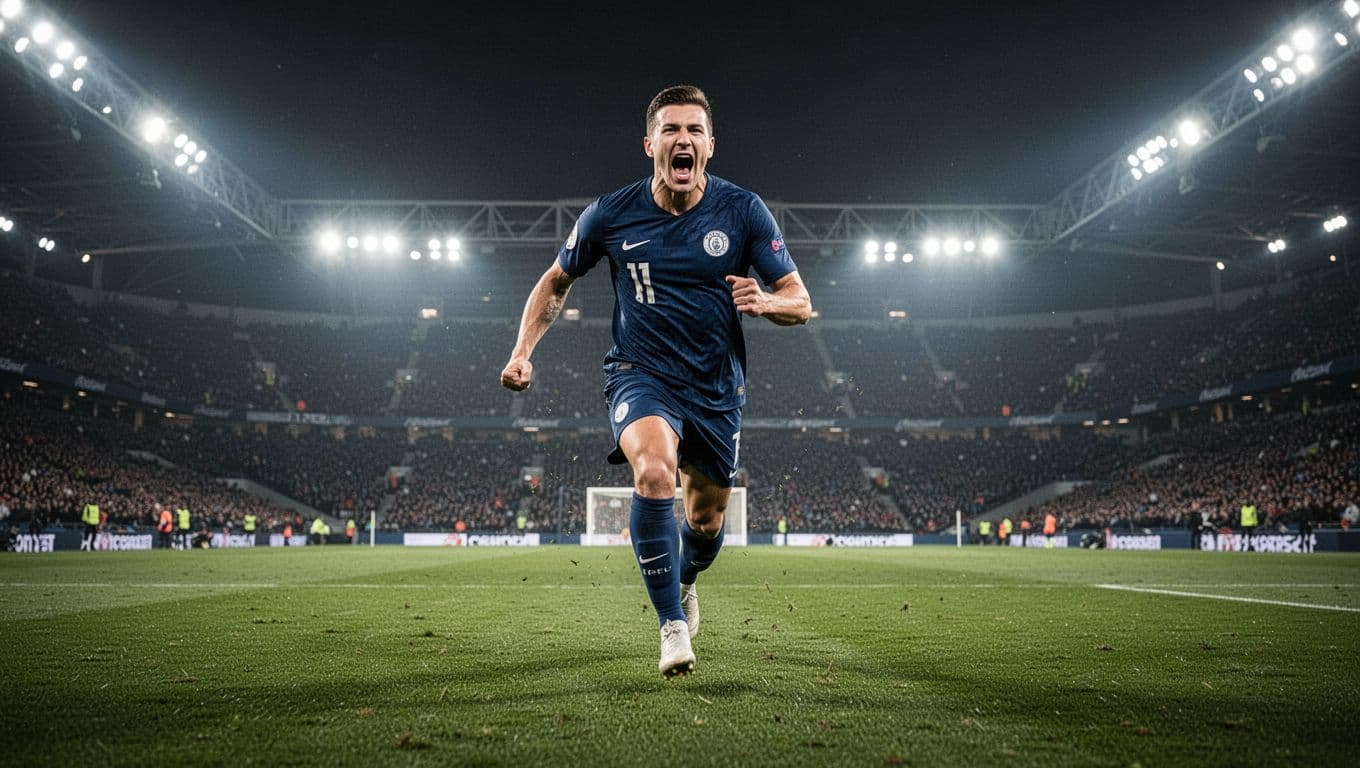 Soccer player in dark blue PSG jersey runs celebrating a goal on green field at night with stadium lights.