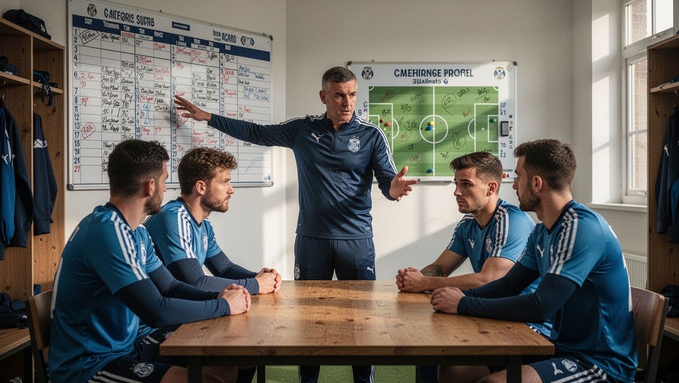 Coach points at dense match calendar on wall as three focused, fatigued Bragantino players sit at table in locker room.