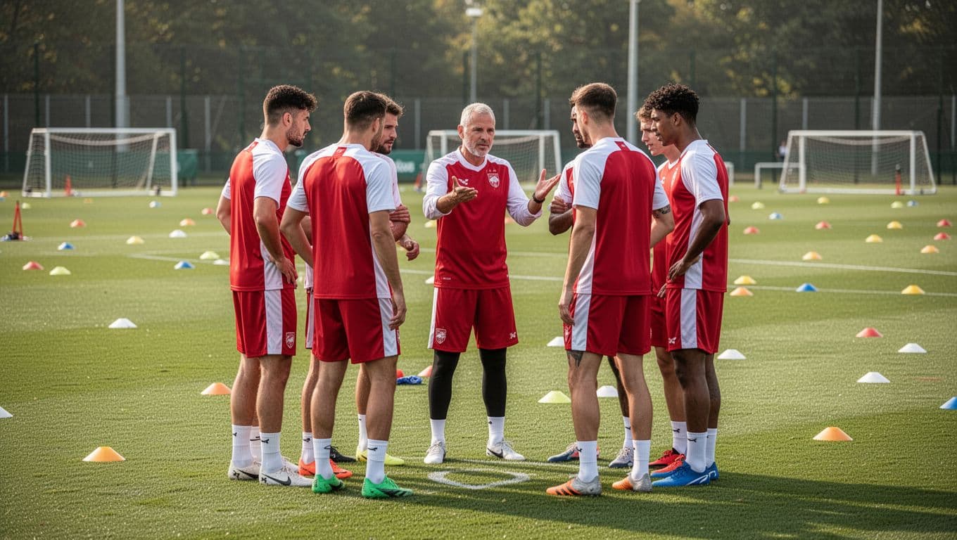 Coach gestures tactics to six Bragantino players in red-white jerseys on green field during sunny training.