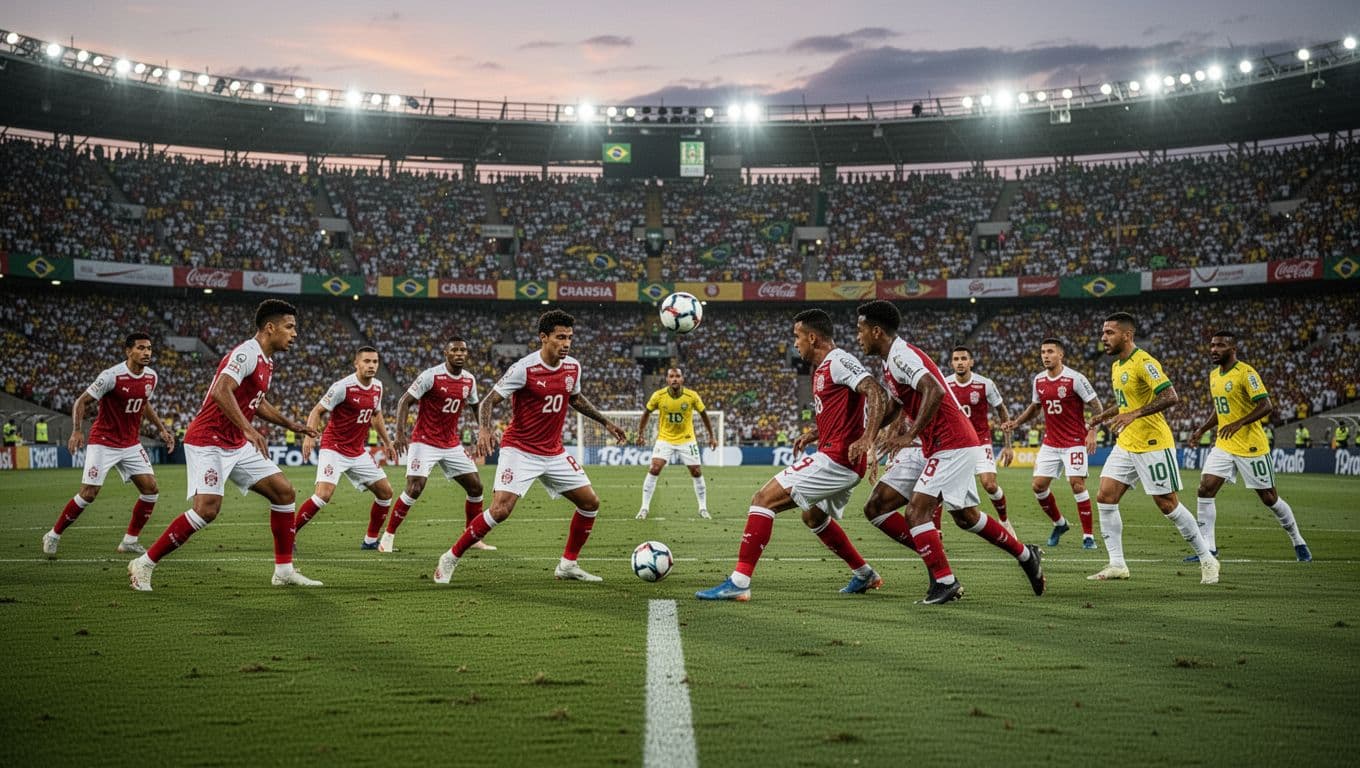 Bragantino players in red-white jerseys defend ball in midfield during Serie A match in packed dusk stadium.