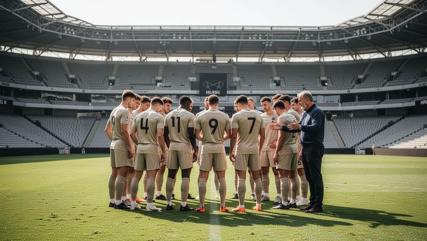 Red Bull Bragantino players and coach huddle on pitch, reviewing tactics after Palmeiras match with focused expressions.