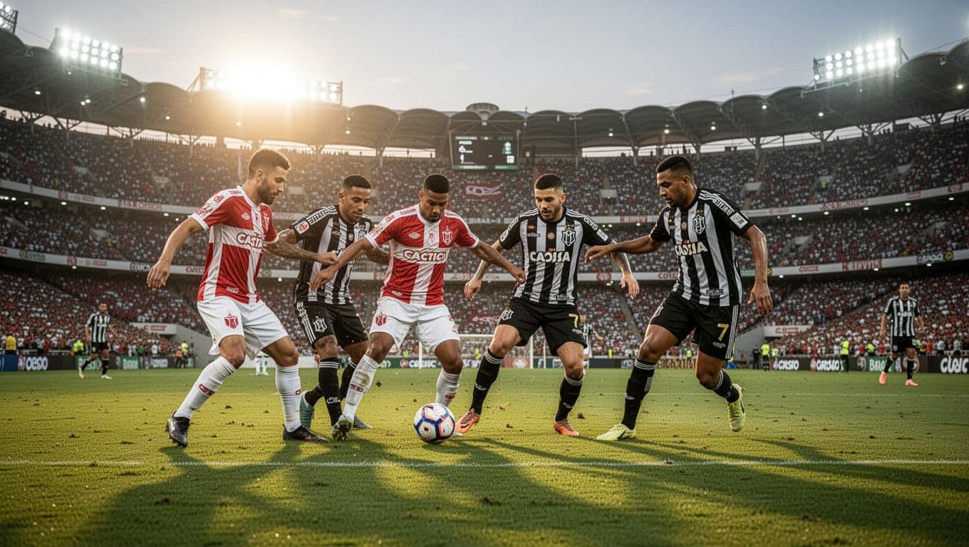 Two Red Bull Bragantino players in red-white jerseys contest ball against two Santos FC players in black-white jerseys on evening pitch.