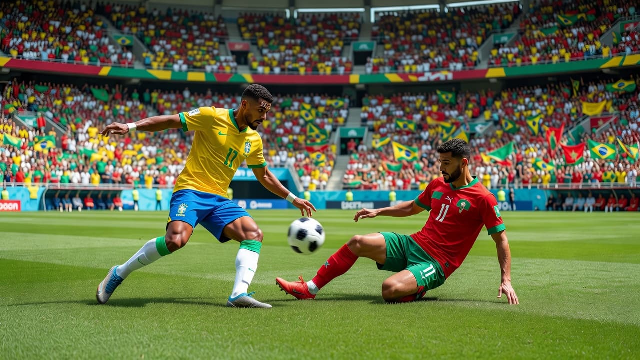 Seorang pesepak bola berbaju kuning Brasil beradu fisik memperebutkan bola dengan lawan berseragam merah dari Maroko. Latar belakang stadion besar yang penuh penonton menunjukkan atmosfer kompetisi sepak bola yang sangat sengit.