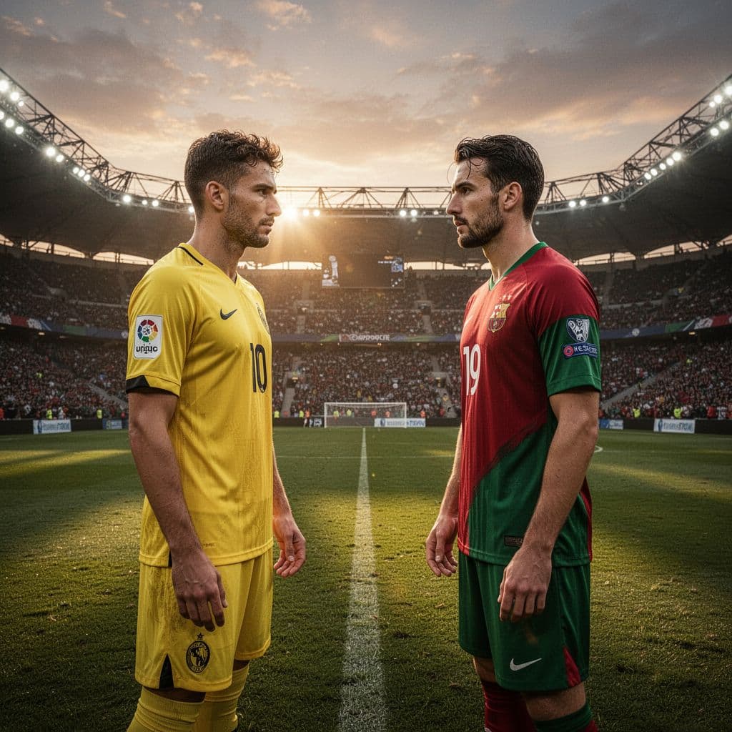 A Brazilian player in a yellow jersey stands face-to-face with a Moroccan athlete in red and green at a crowded stadium. Dramatic sunset light highlights their intense, focused expressions before play.