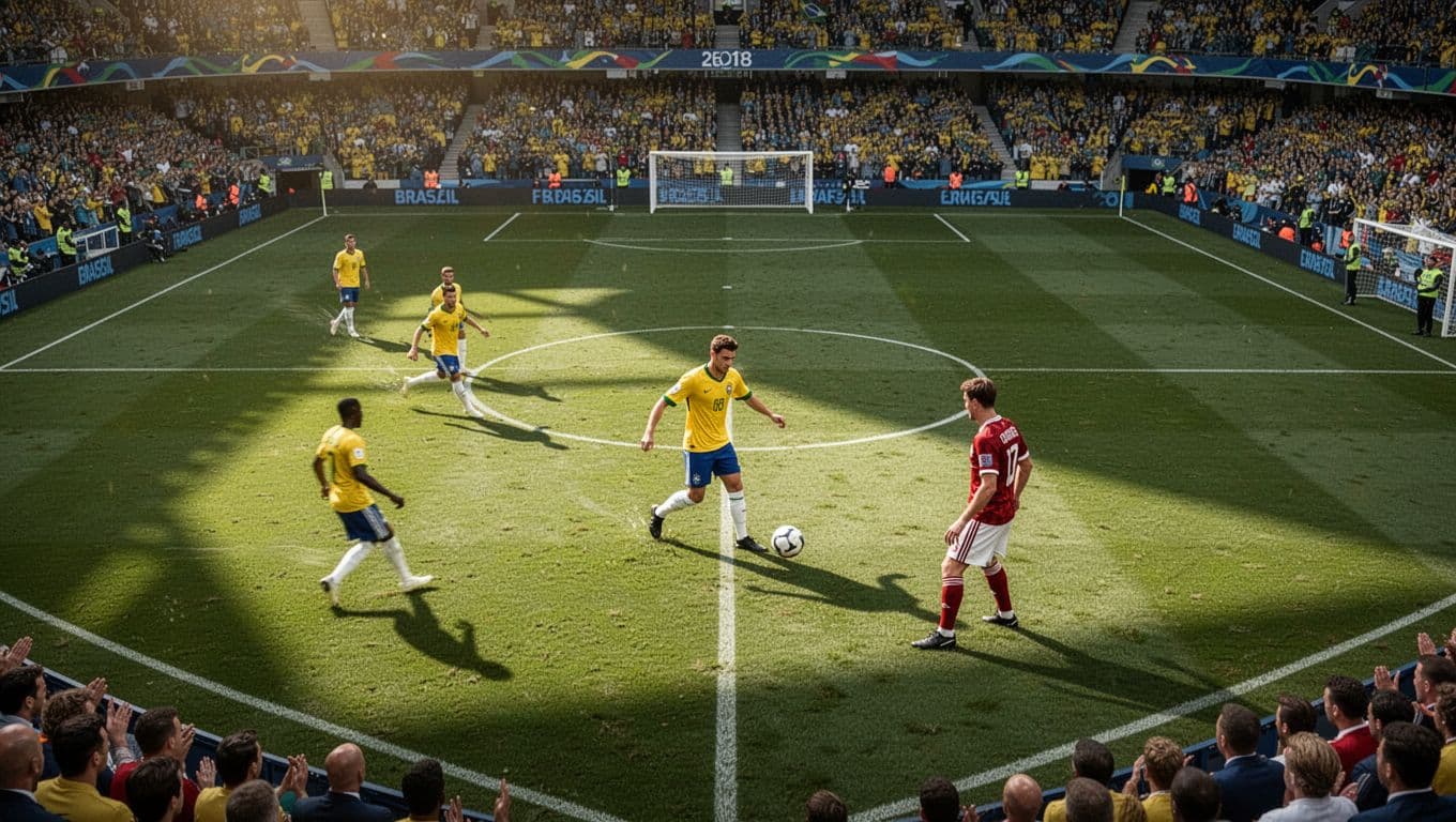 Pemain timnas Brasil tampak tenang mengoper bola di tengah lapangan stadion besar. Seorang pemain Skotlandia menjaga jarak dengan waspada, menunjukkan taktik permainan yang mendominasi di bawah terik cahaya matahari alami stadion.