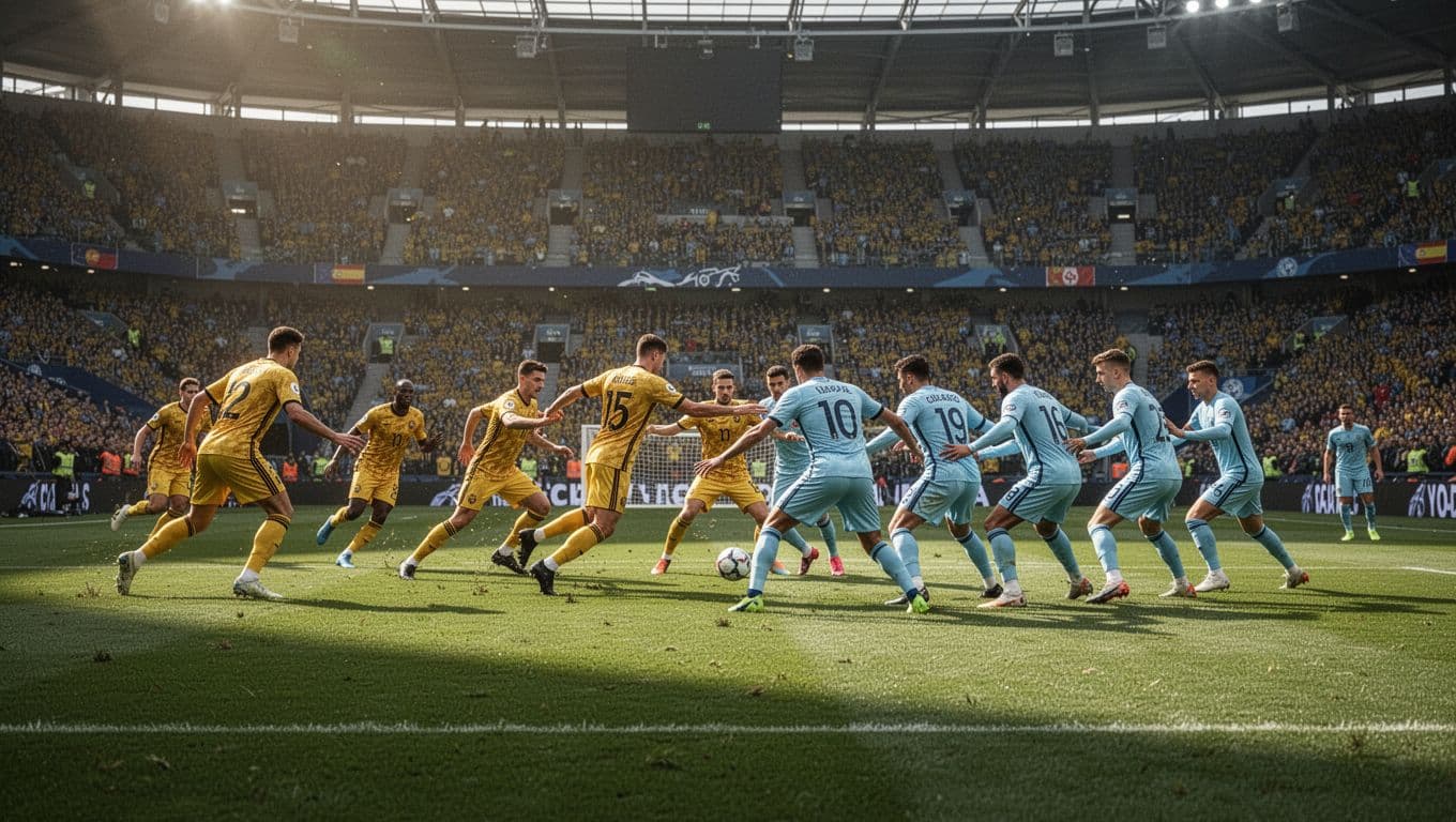 Players in vibrant gold jerseys aggressively push toward the goal while defenders in light blue uniforms form a tight blockade. The expansive grass pitch stretches under bright, natural stadium light.