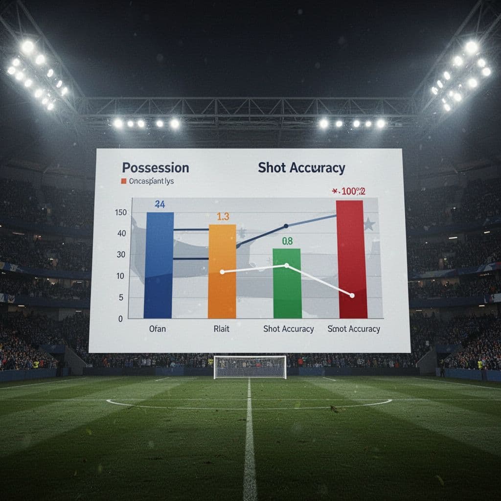 A digital screen illuminates a dark stadium background, showcasing vibrant bar charts that measure ball possession percentages and shooting accuracy for the Brazilian national football team during a major match.