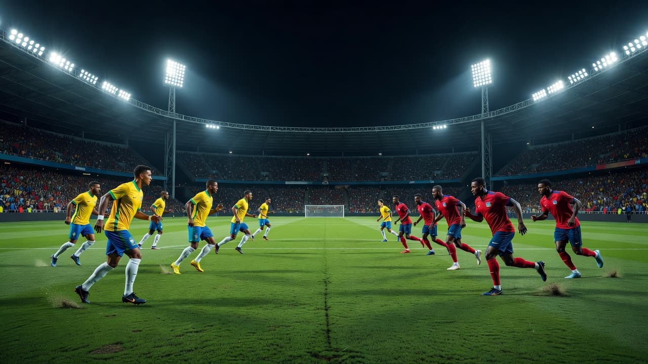 Dua skuad tim nasional berlatih di bawah lampu stadion pada malam hari, dengan suasana intens dan kontras antara tim unggulan dan tim underdog.