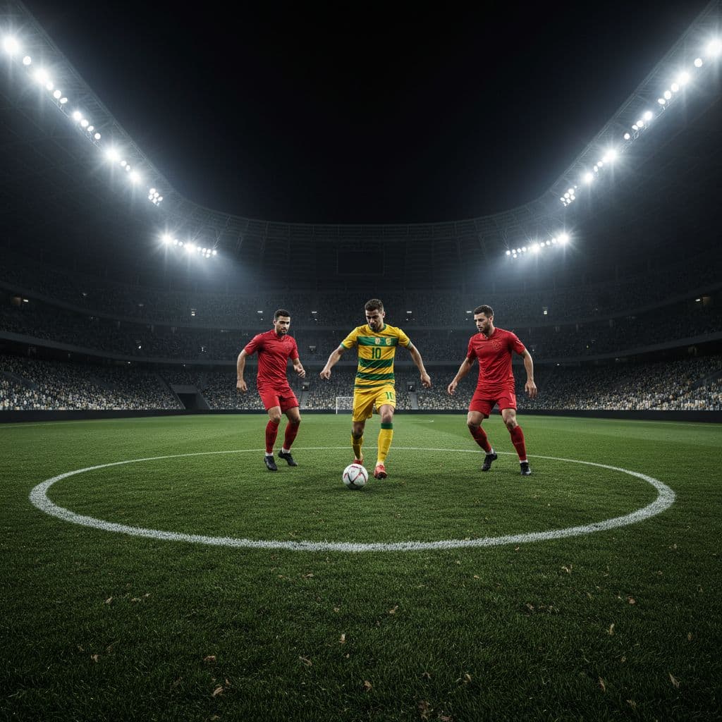 A soccer player in a yellow kit maneuvers the ball across the pristine green pitch. Two opponents in red jerseys attempt to close the gap under the intense stadium floodlights.