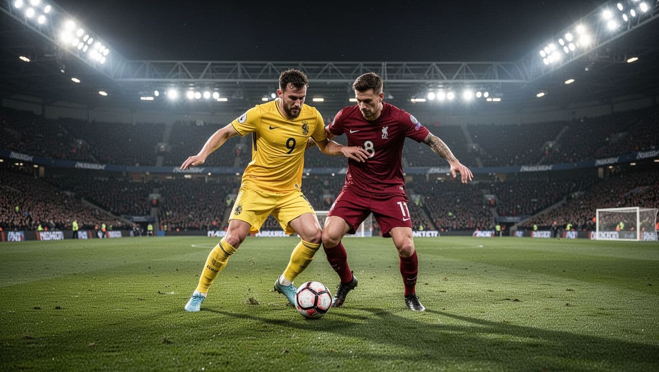A Brazilian footballer in a yellow jersey and a Moroccan player in red battle for possession on a vibrant green pitch. Brilliant stadium floodlights illuminate their intense athletic movement.