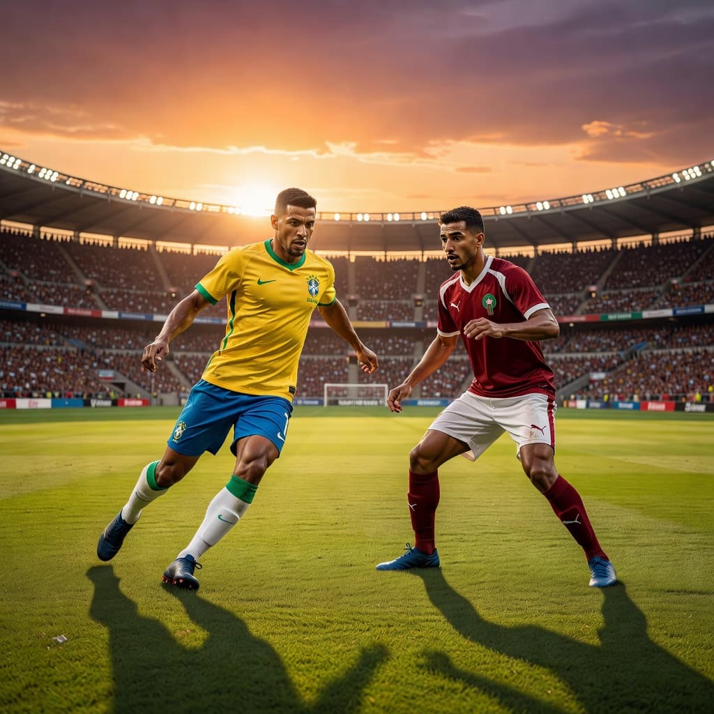 Two professional athletes in contrasting team uniforms stand on a lush grass pitch inside a vast stadium. The golden sunset casts dramatic shadows and intense lighting over the competitive field.
