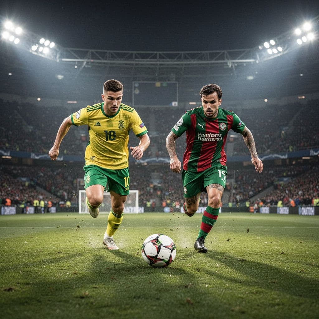 A player in a yellow and green uniform sprints toward the ball while a competitor in red and green jerseys pursues closely on a vibrant, professional grass stadium pitch.