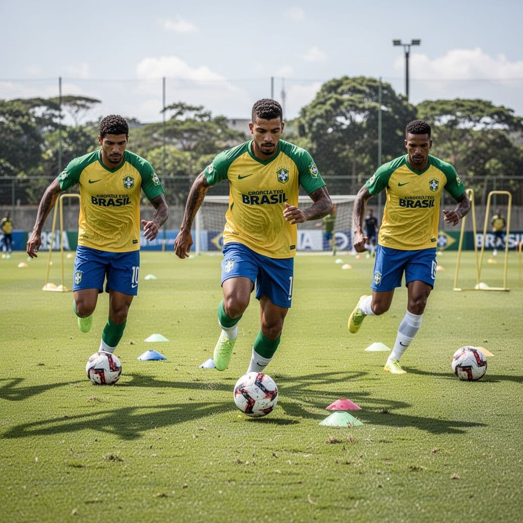 Three professional football players participate in a high-intensity training drill on a sunny grass pitch.