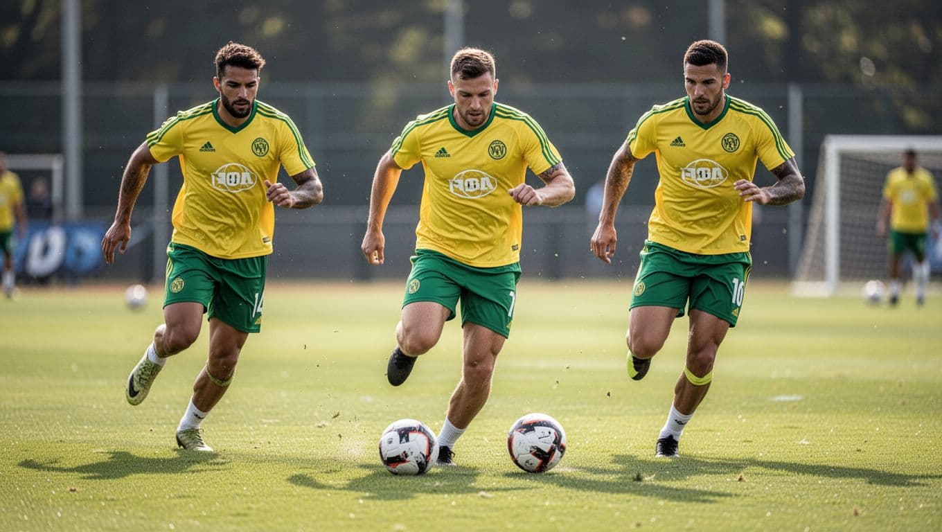 Three focused football players in yellow and green jerseys practice drills on a sunny grass field.