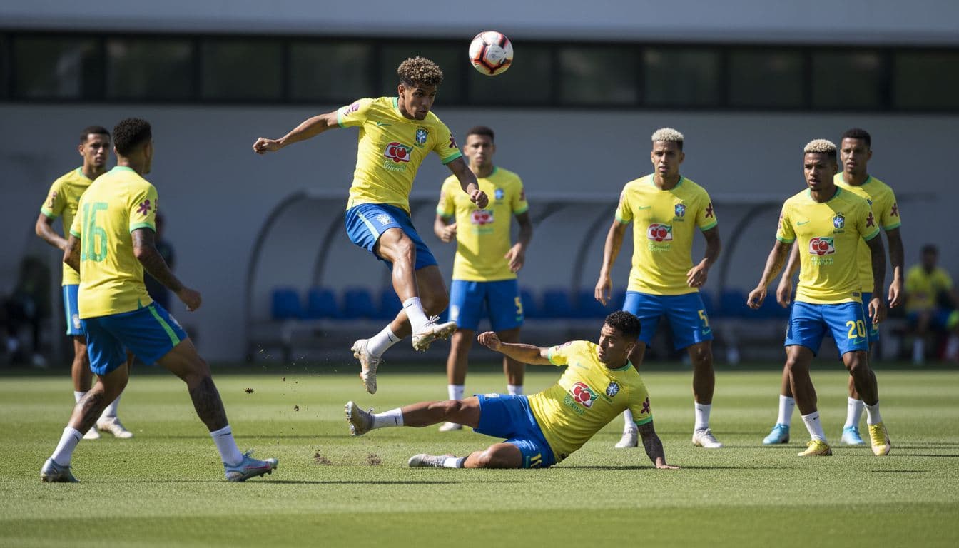 Brazilian football players in yellow kits perform drills on a lush green training pitch.