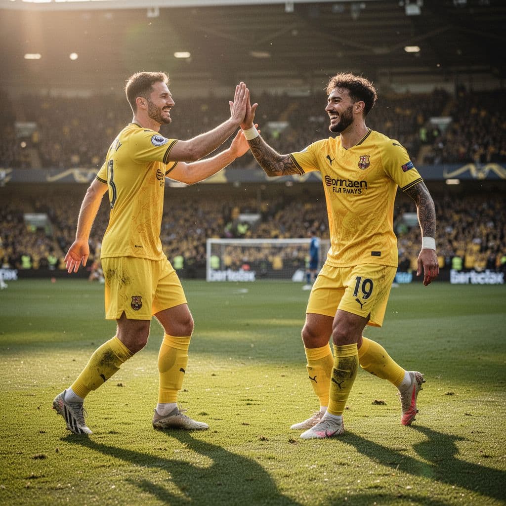 A group of professional soccer players wearing vibrant yellow jerseys cheer and high-five each other on a lush green grass pitch under bright, natural sunlight during a daytime match.