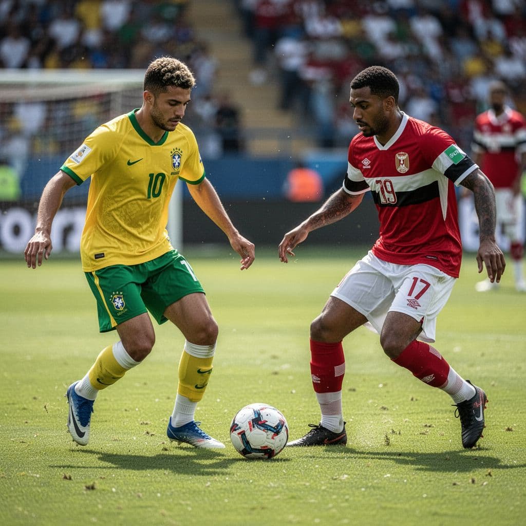 A professional footballer in a vibrant yellow Brazilian jersey dribbles past a player wearing an Egyptian red kit on a pristine green grass field under bright afternoon stadium sunshine.