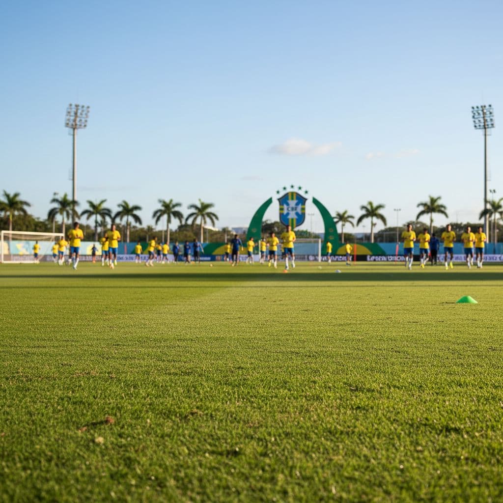 A vibrant green professional pitch in Brazil sits under a bright sun. Blurred players practice drills in the far distance, leaving a wide, empty space in the foreground grass.