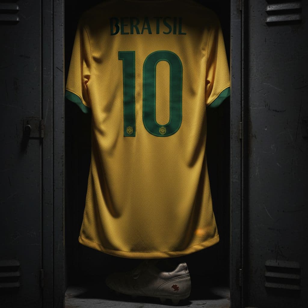 A close-up view of a yellow Brazilian football jersey featuring the number ten hanging inside a locker.