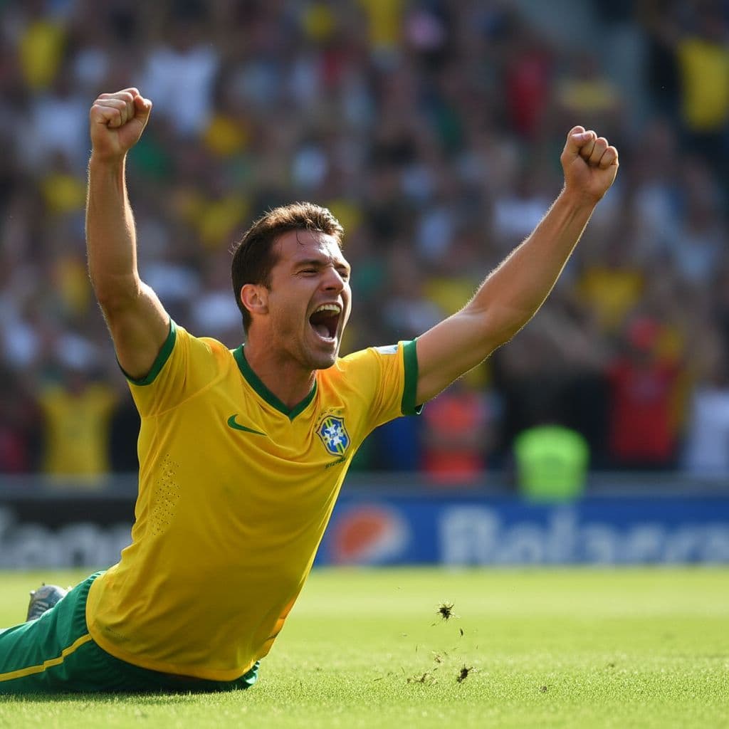 A focused soccer player wearing a vibrant yellow jersey screams in triumph on the green grass. Behind him, the stadium stands are softly blurred into a hazy ocean of cheering fans.