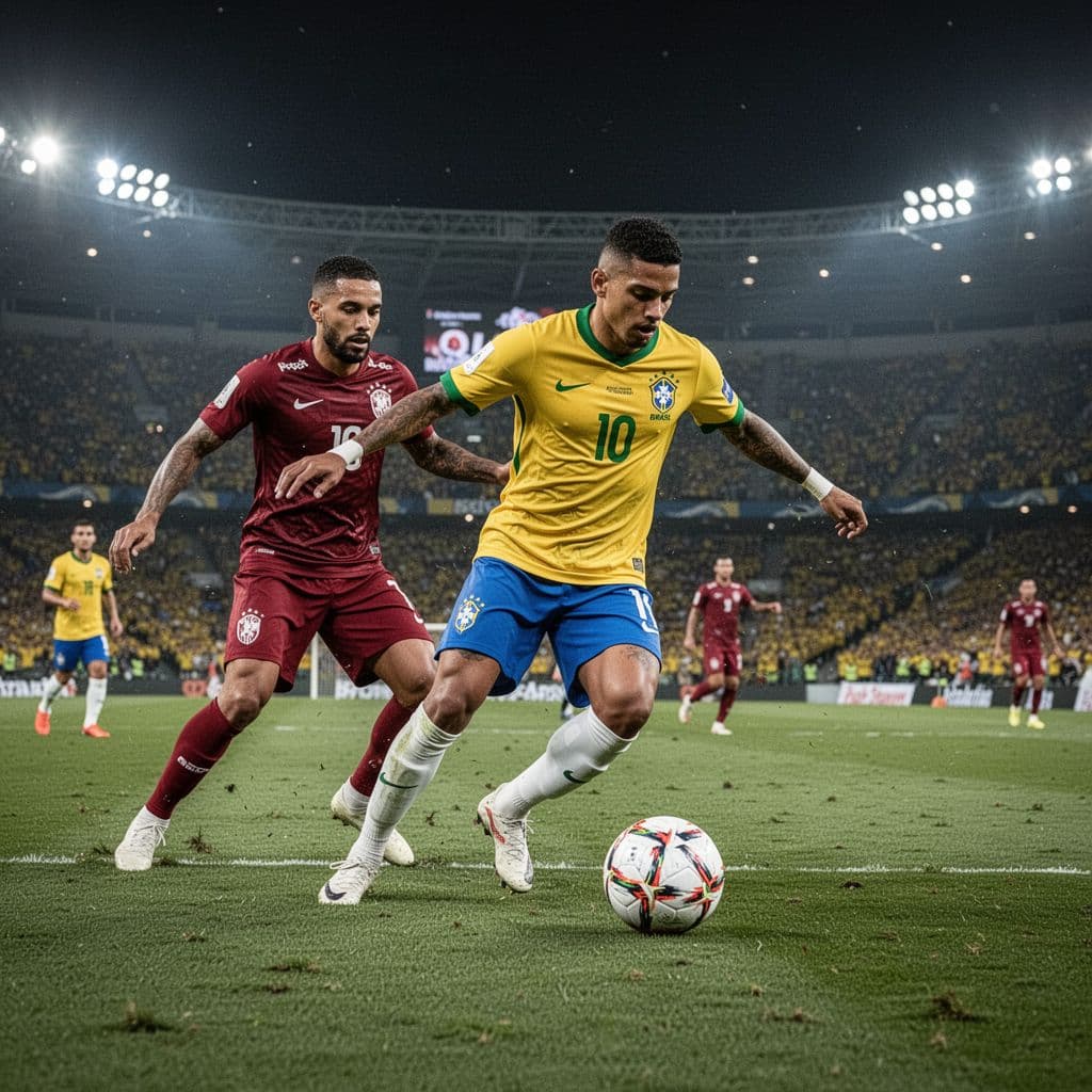 A focused Brazilian athlete in a vibrant yellow jersey maneuvers the soccer ball past a red-shirted opponent. Bright stadium floodlights illuminate the grass pitch during an intense professional night match.