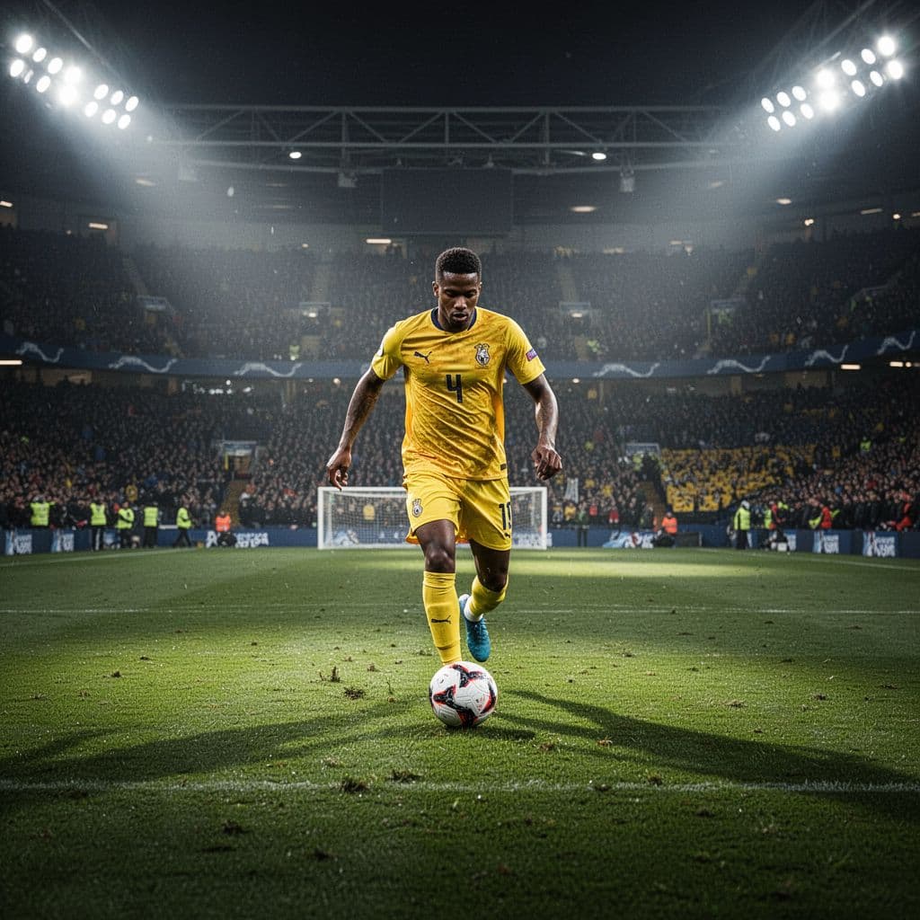 A soccer player wears a vibrant yellow jersey while skillfully controlling a ball on a lush green pitch. Blurry stadium floodlights create a dramatic atmosphere in the background of the arena.