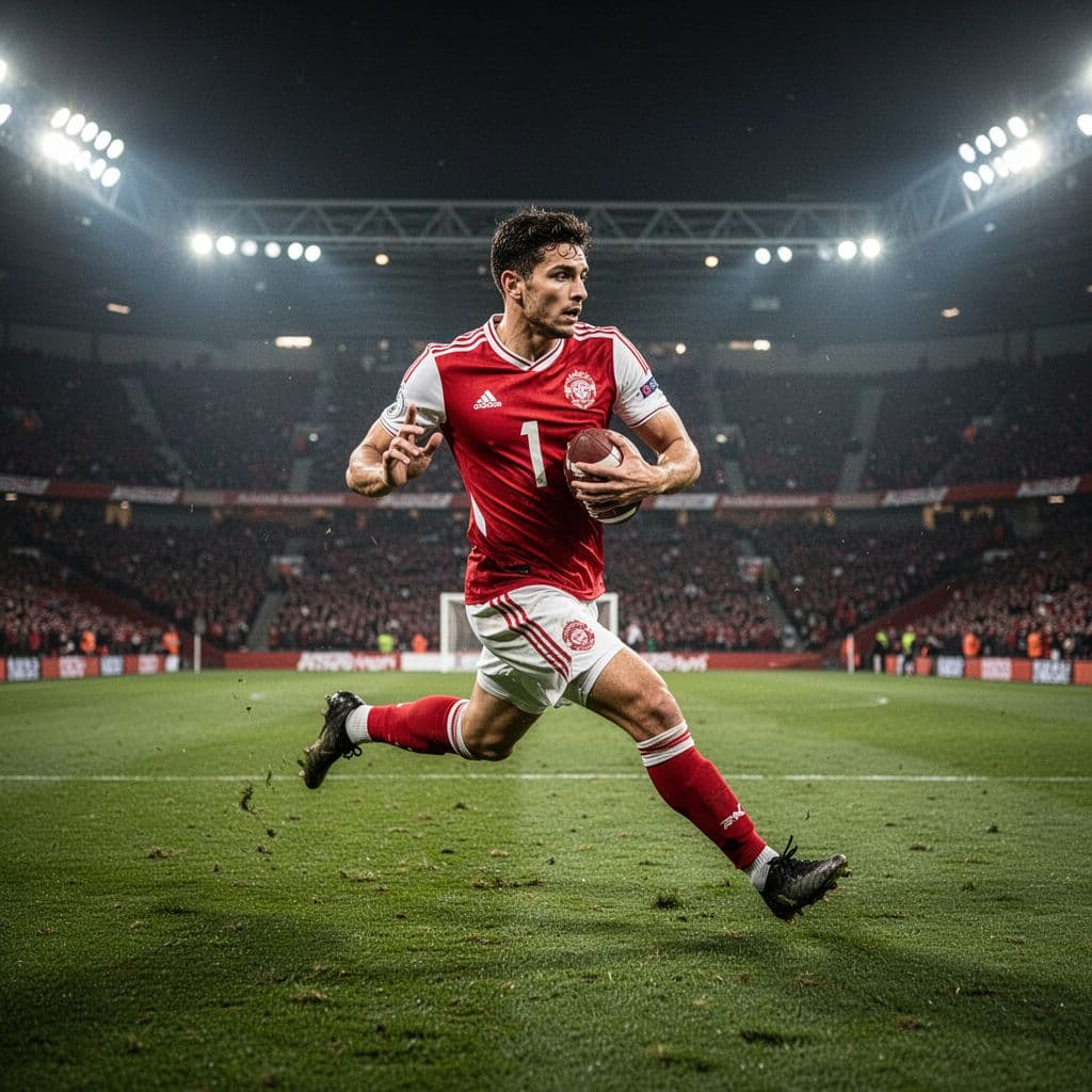 A focused football player wearing a red and white jersey sprints across a lush green stadium pitch while dribbling the ball. Towering overhead floodlights illuminate the intense competition during night play.