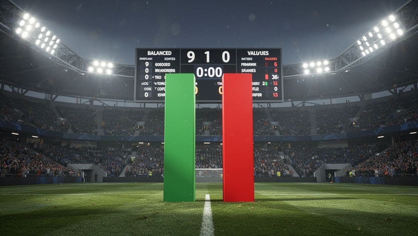 Balanced bar chart displays Brest's 42 goals scored in green and 42 conceded in red on stadium scoreboard background.