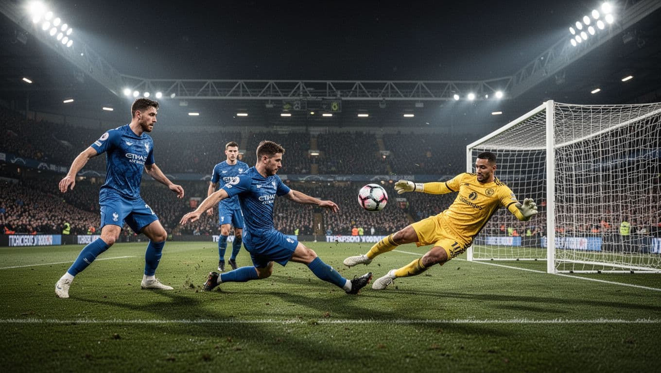 Brest defender slides to block shot as goalkeeper dives against two opponents under stadium floodlights.
