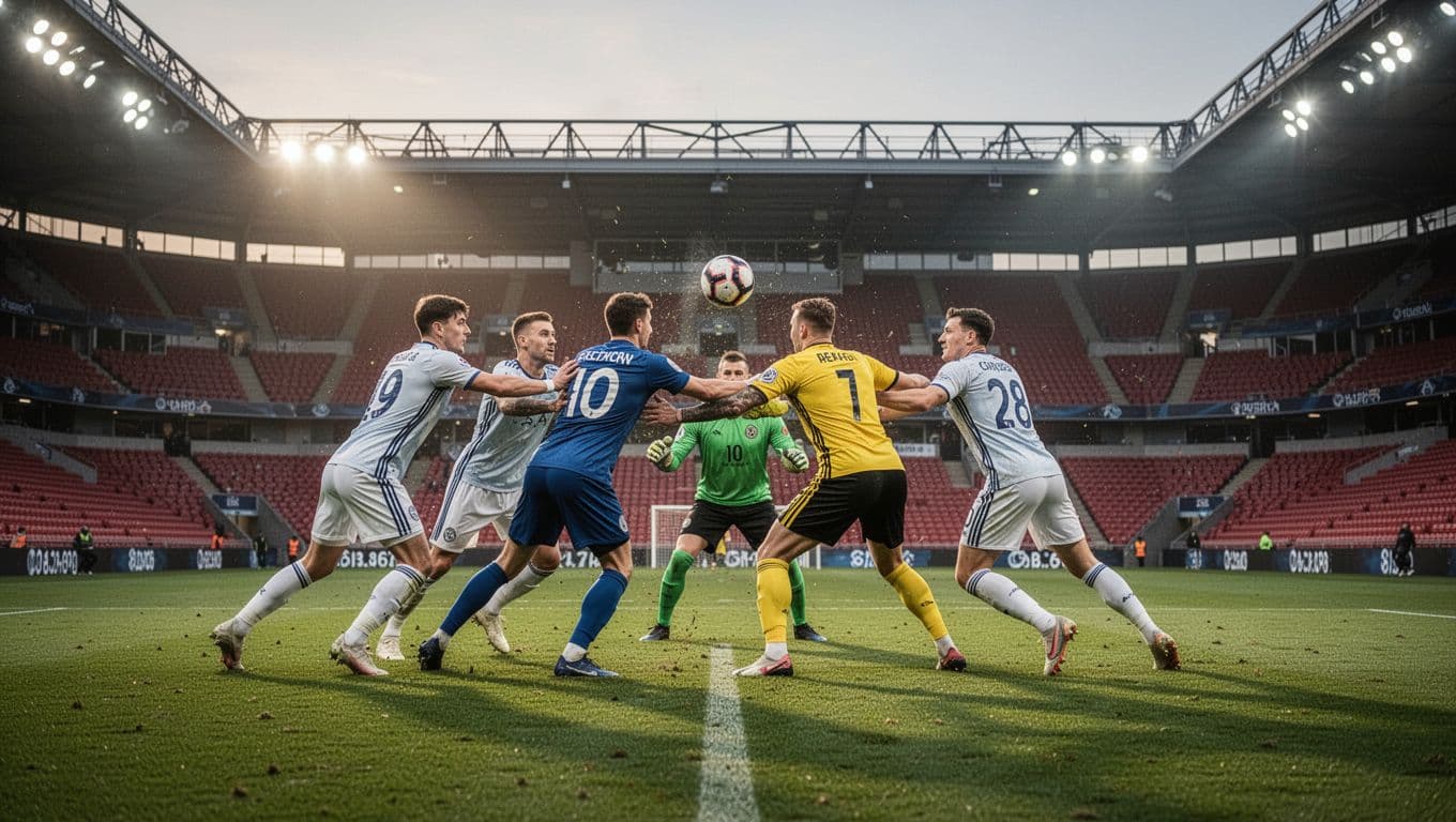 Four defenders and goalkeeper form solid line blocking shot in evening-lit stadium.