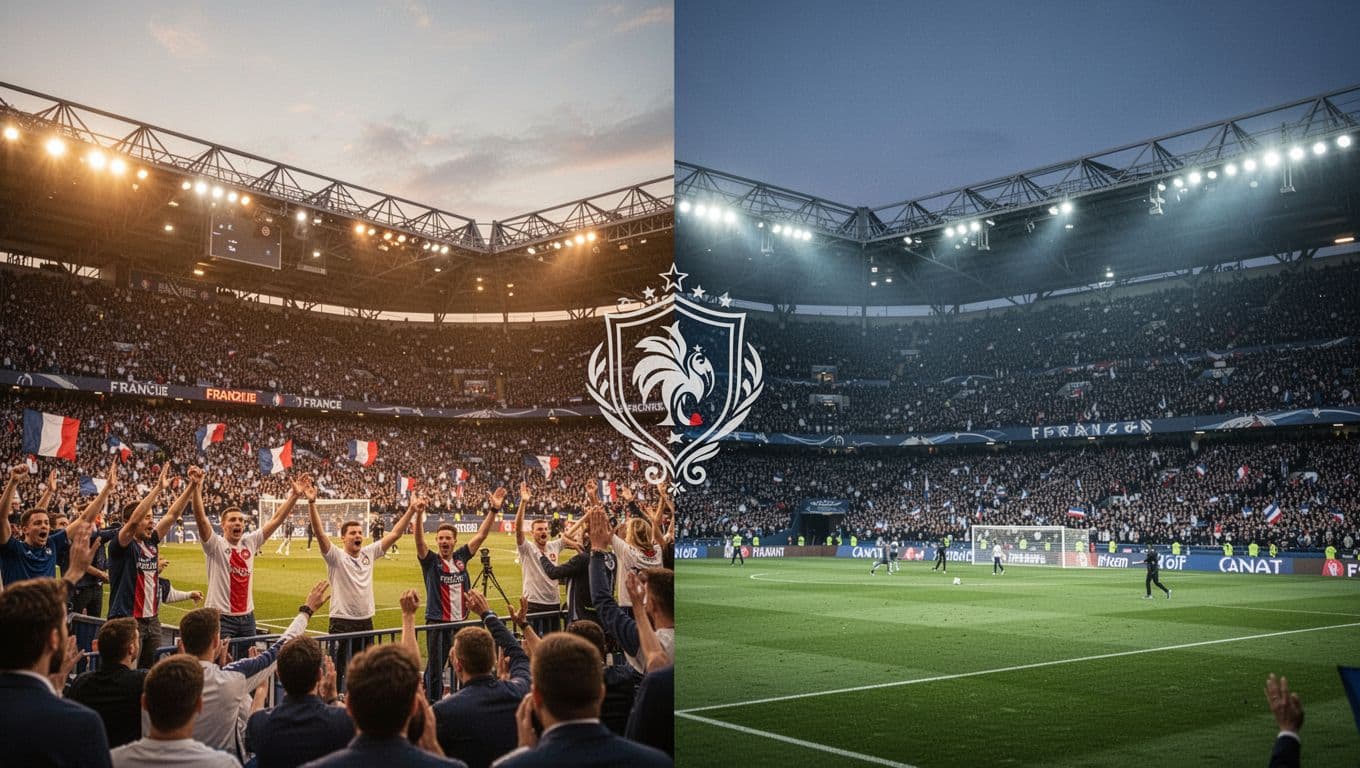 Split scene shows left-side home stadium packed with cheering fans and right-side away stadium with tough atmosphere, Brest logo centered under evening lights.