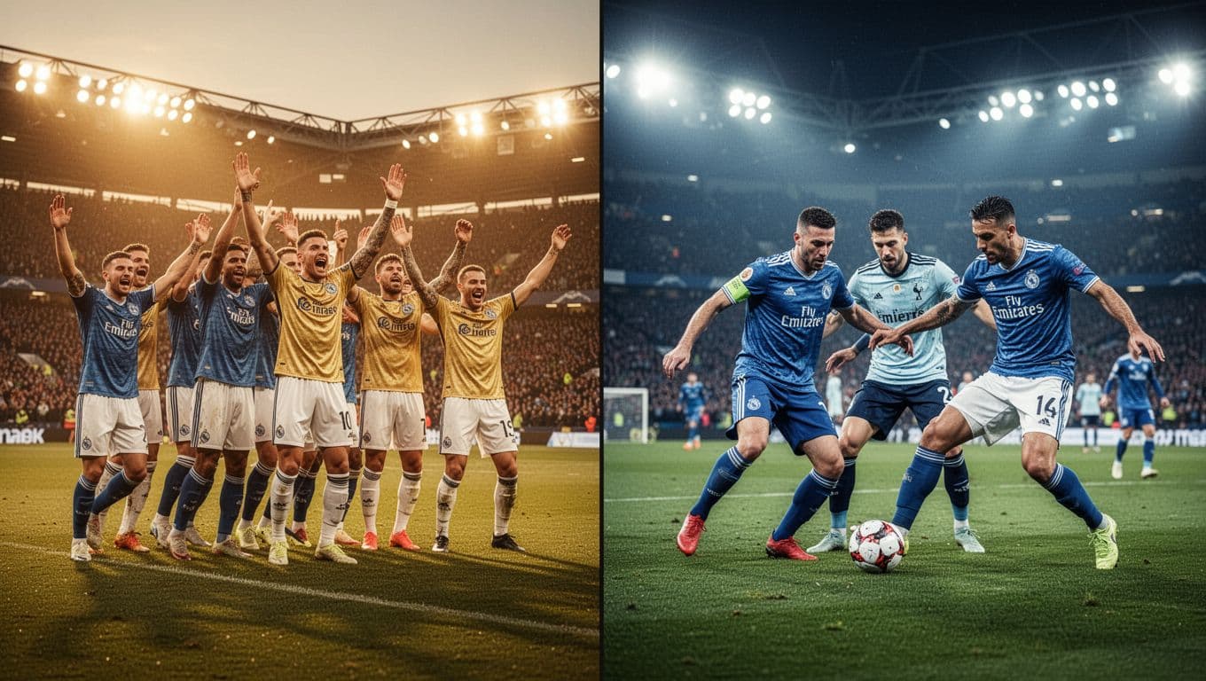 Split image with Brest players celebrating home victory on left and battling tough away draw on right in lit stadium.