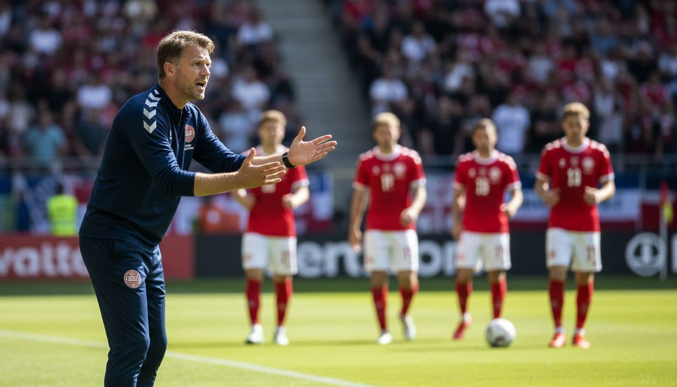 Brian Riemer, Denmark football coach, on the sideline with an intense focused expression, gesturing instructions during a daytime match in a stadium atmosphere. Danish players in red jerseys visible in the background on the pitch.