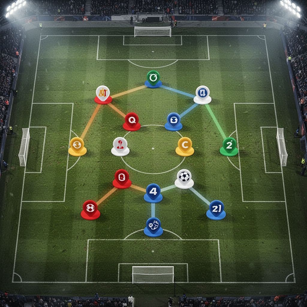 An overhead view of a soccer pitch with markers arranged in a 4-2-3-1 tactical formation.