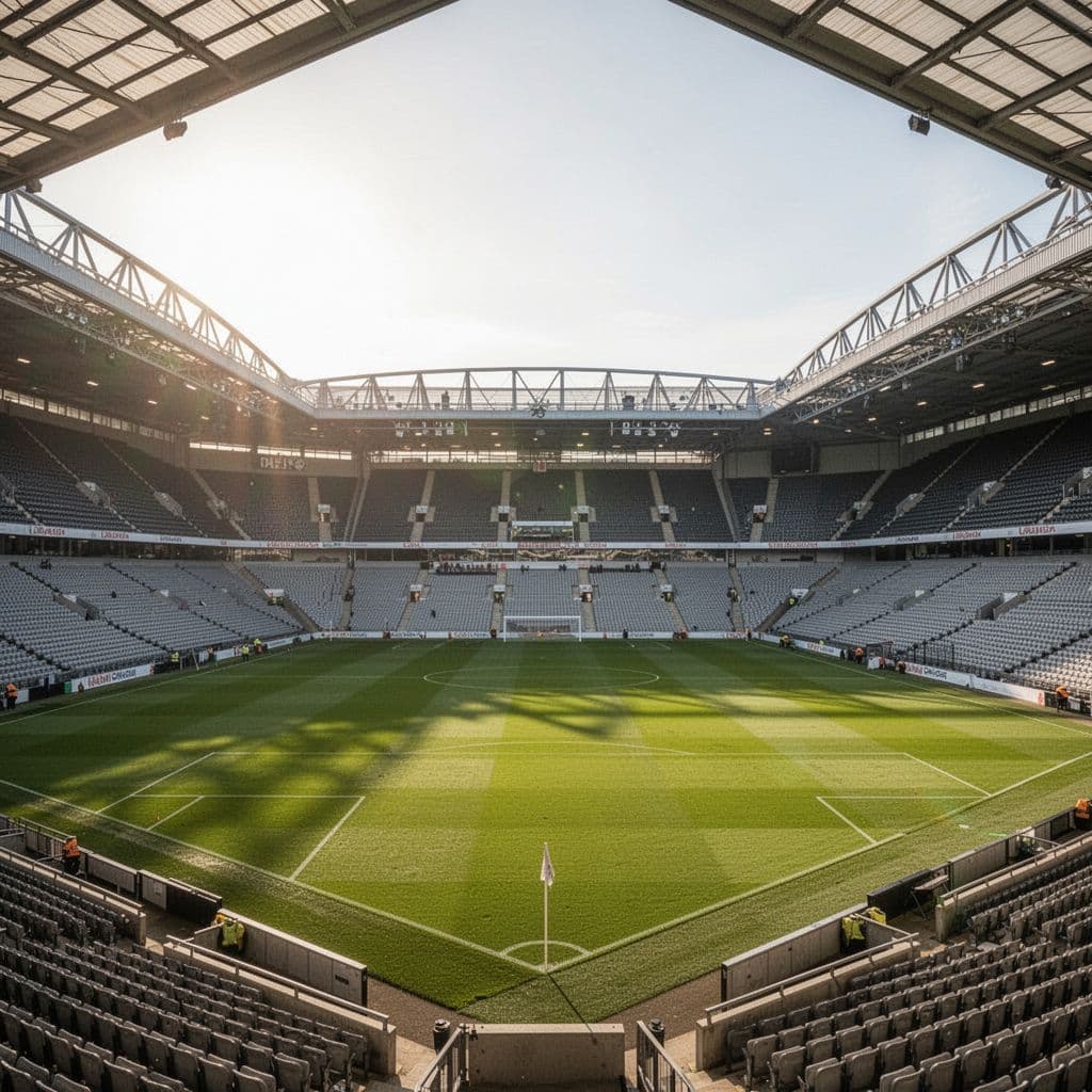 Empty modern football stadium with green pitch under bright afternoon sun, wide view of stands.