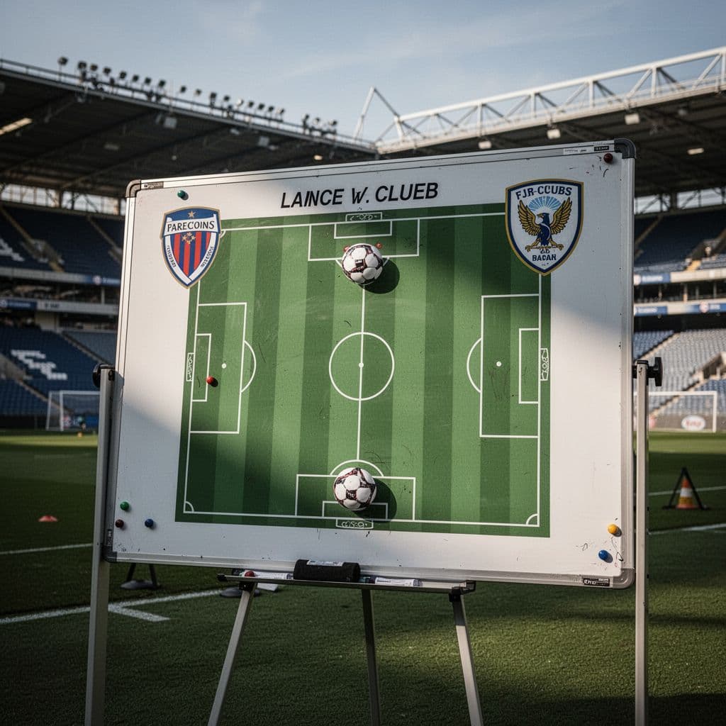 A professional tactical whiteboard displays a football pitch layout inside a stadium environment.