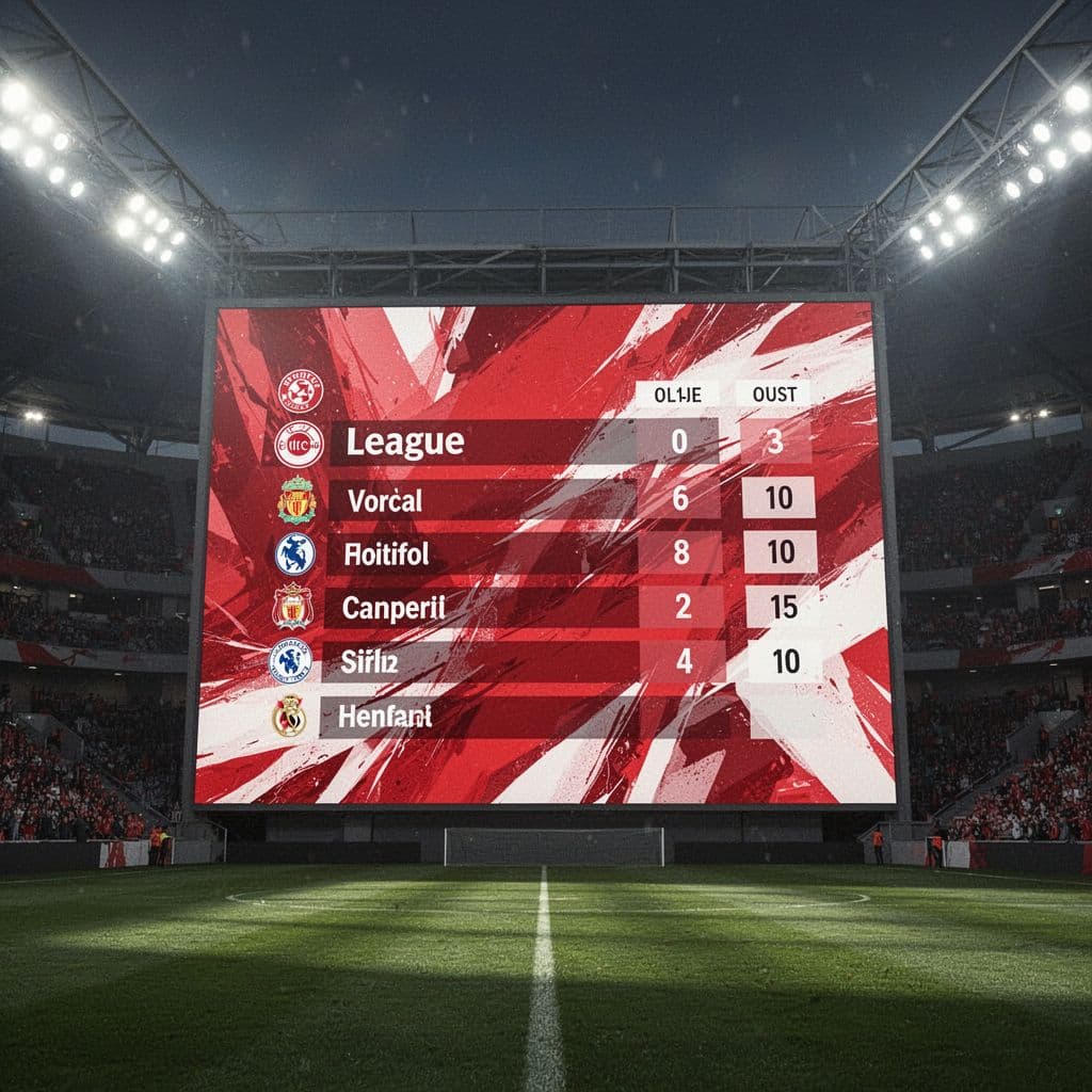 Close-up of digital scoreboard showing red-and-white league table under bright stadium lights.