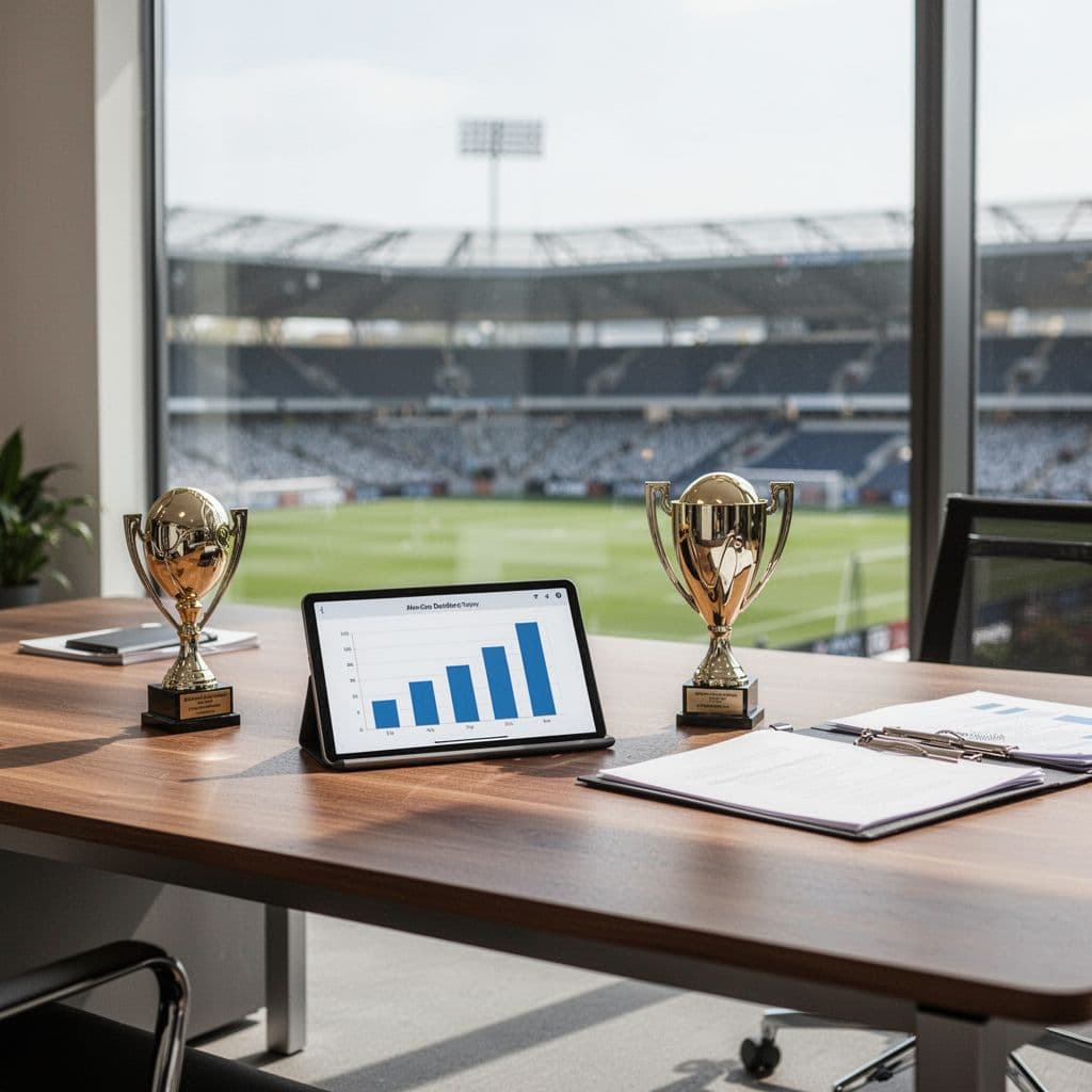 A wooden desk features a tablet with financial charts and a trophy against a blurred stadium background.