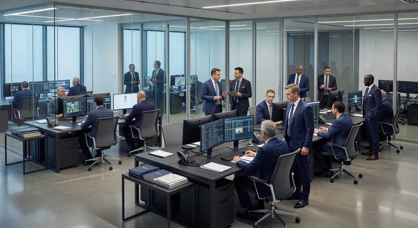 A professional sports management office features glass-walled meeting rooms and high-end furniture. One man stands by a desk as scouts and directors collaborate intently during a busy transfer deadline day.