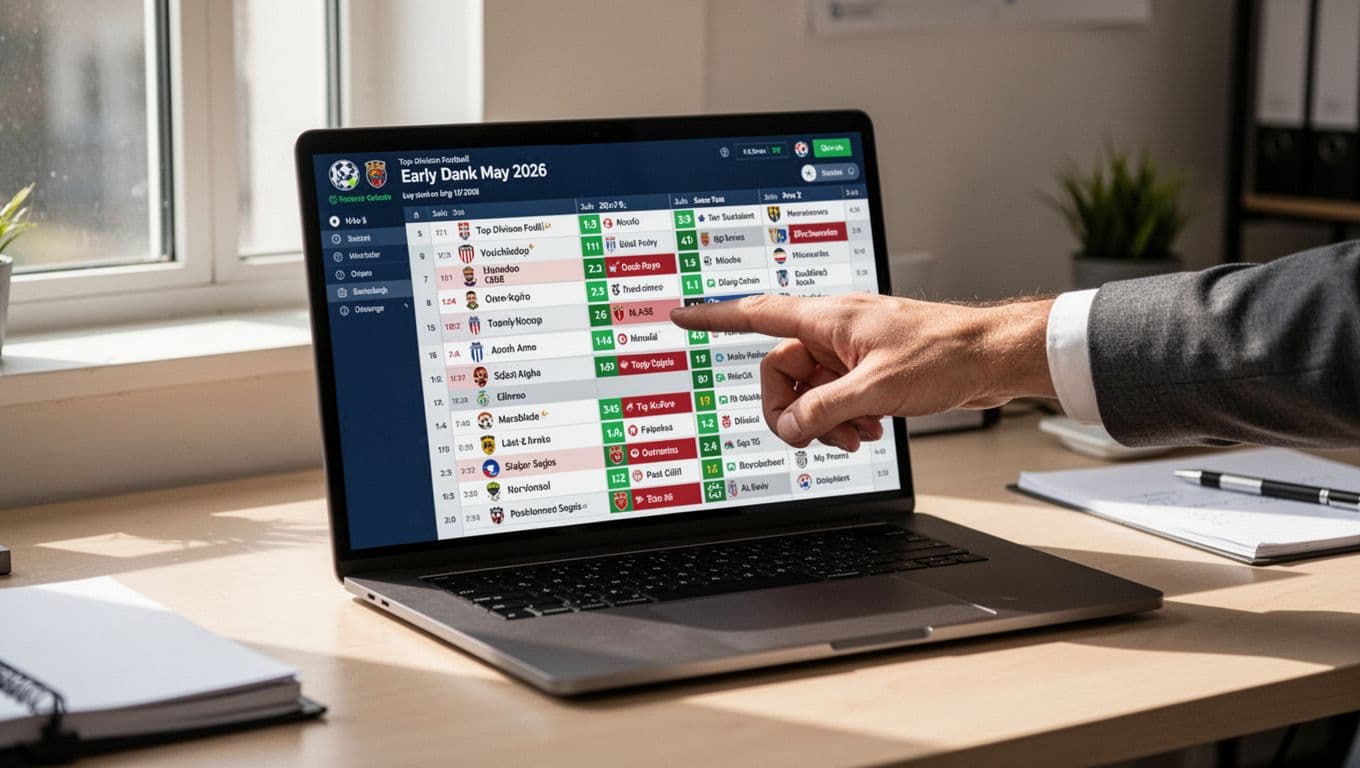 Laptop screen shows crowded Ligue 1 calendar for early May 2026 with PSG, Lens, Monaco matches clustered; hand points on office desk.