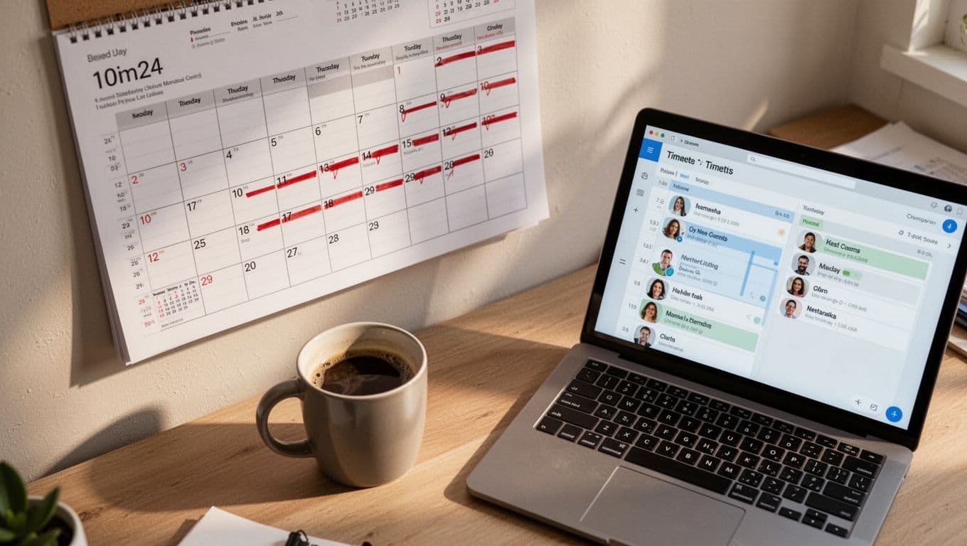 Desk close-up shows large calendar with dense weekly soccer matches, red marks on dates, open laptop, and cold coffee cup.