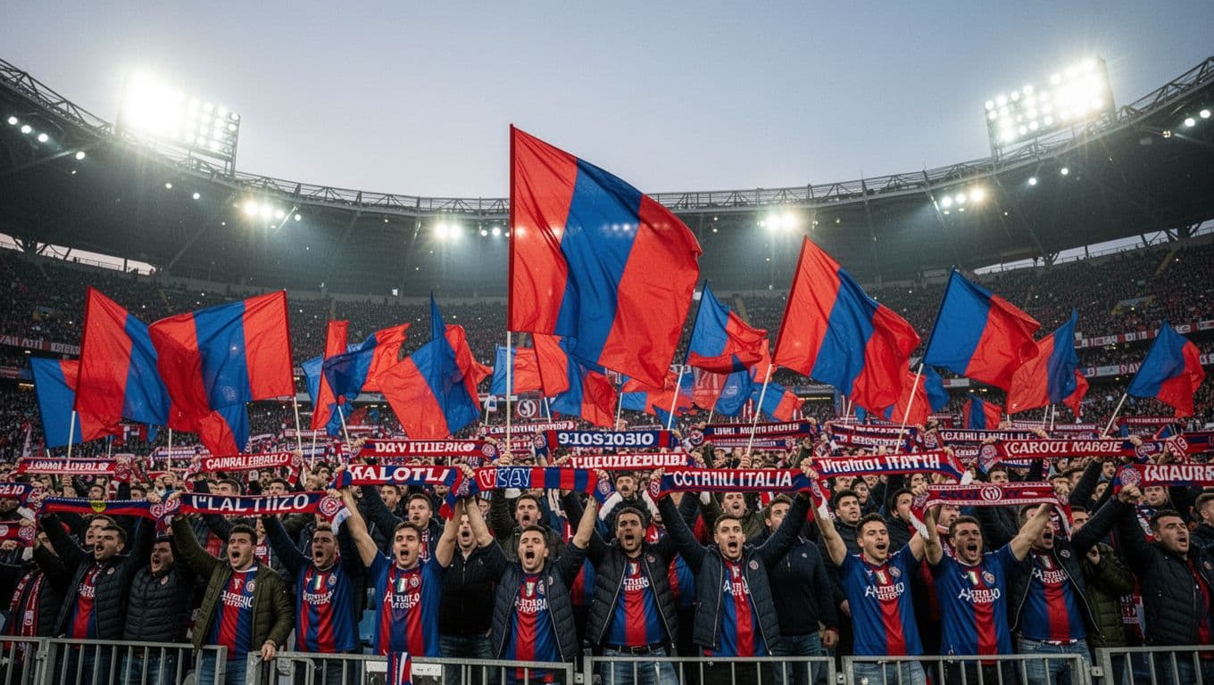 Dense group of Cagliari Calcio fans packed in Unipol Domus stands wave red and blue flags and scarves under floodlights.