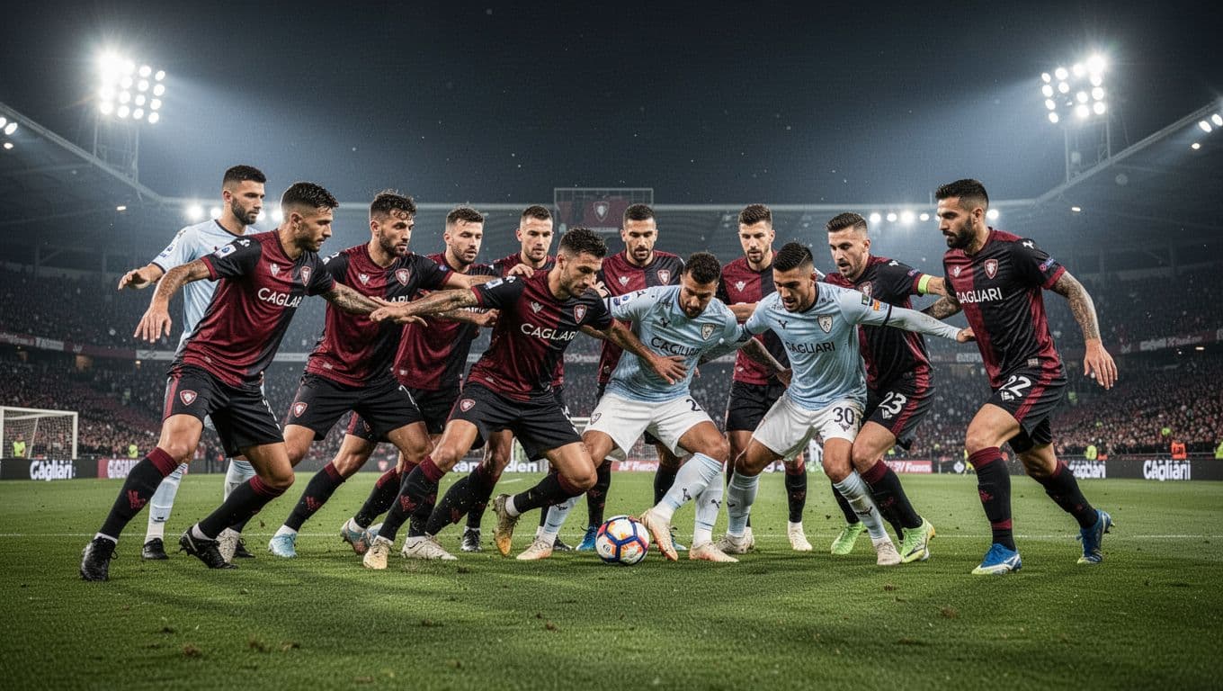 Eleven Cagliari players form tight midfield defense against three attackers under stadium floodlights with lunging tackles.