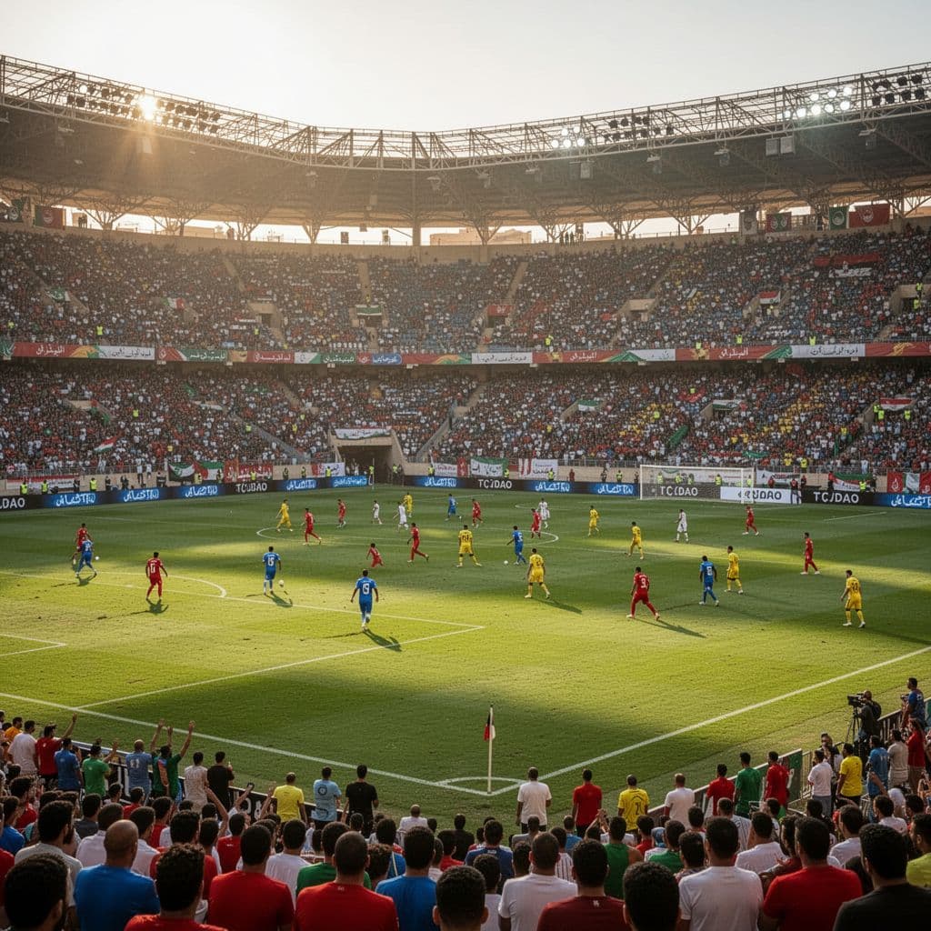Players in team kits compete on green pitch in Cairo stadium during sunny afternoon, vibrant crowd cheers in background.